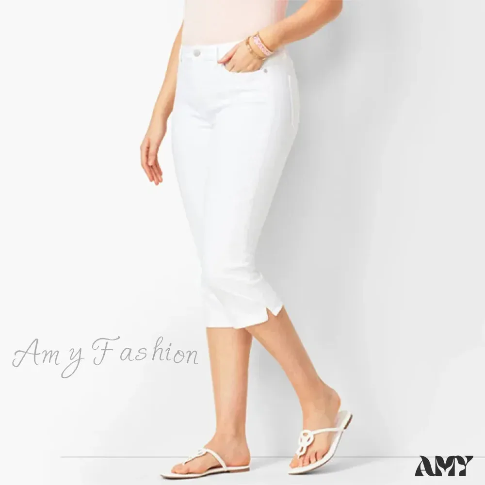 Amy Fashion - Skinny Knee Length Woman's Cropped Trousers Women Elastic High Waist Mom Oversize Blue Denim Pants Ladies Jean