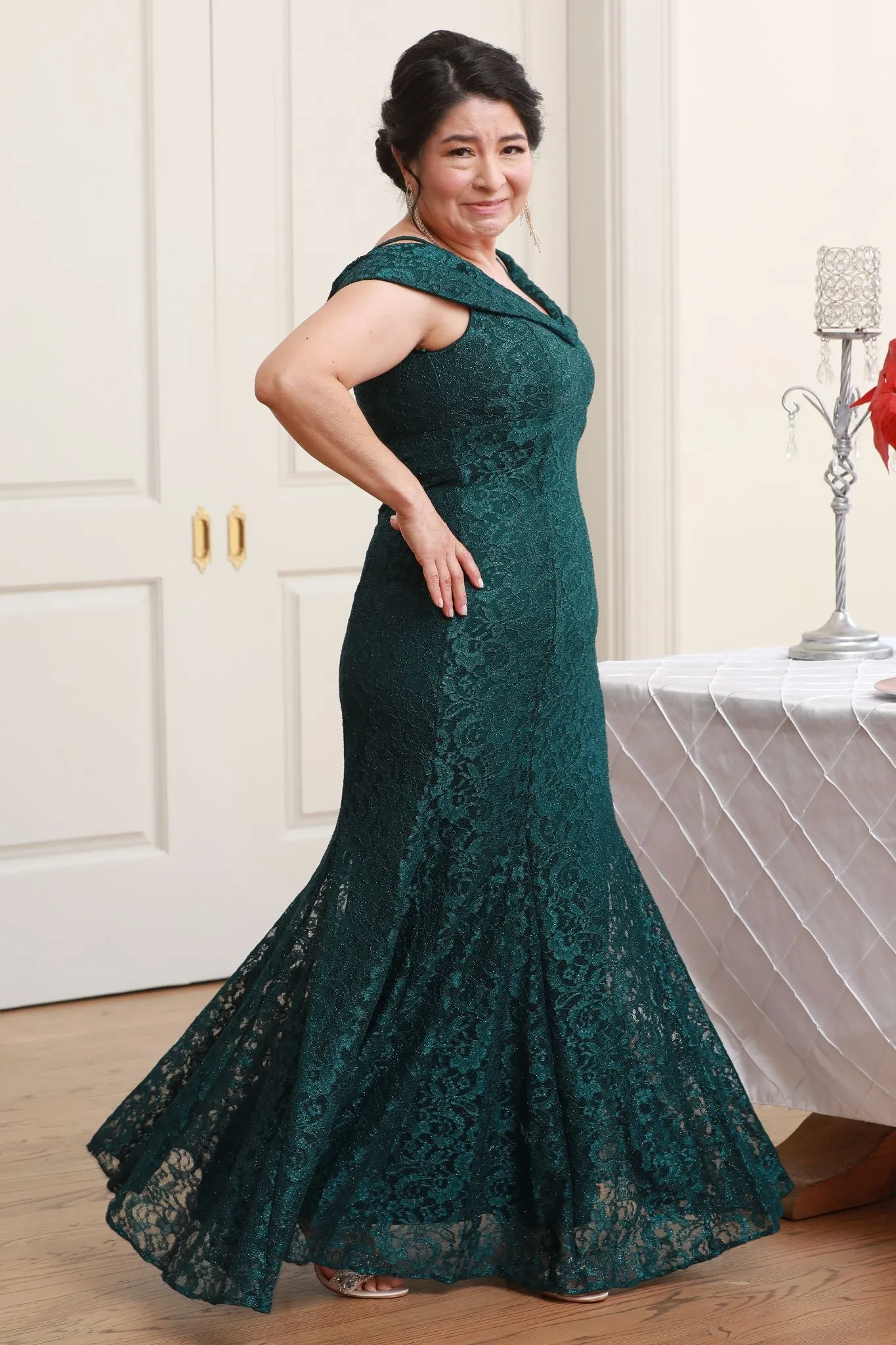 Petite R&M Richards Women's Off-The-Shoulder Lace Gown - Mother of the Bride Dress