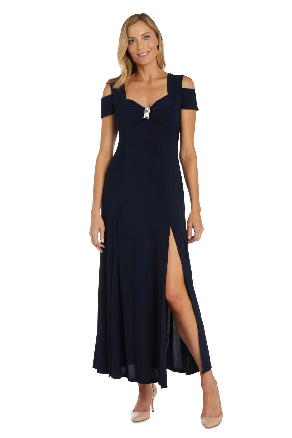 R&M Richards Women's Embellished Cold Shoulder Dress with Sleeves - Evening Gown