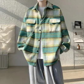 Wiaofellas -  Winter Woolen Coat Men Warm Fashion Retro Thicken Plaid Coat Men Streetwear Korean Loose Short Woolen Coat Mens Thick Jacket